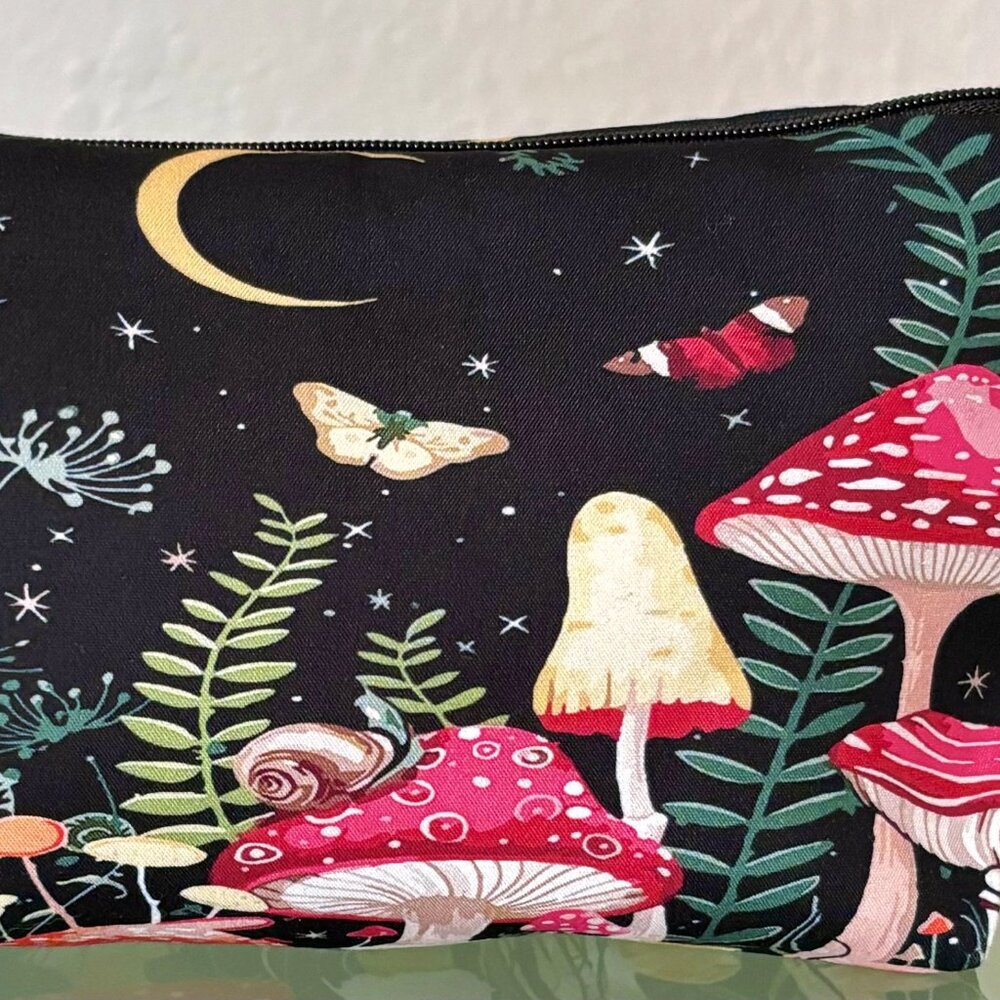 Magical Forest at Night Mushrooms Moths Moon Padded Zippered Pouch Travel Bag